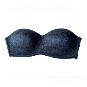 Black Lace Bandeau Strapless Pull On Bra, Size M